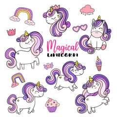cute Baby Unicorn magical purple element collection set, cartoon doodle vector illustration set