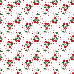 Seamless pattern with bright cherries on a white background. Suitable for fabric, wrapping paper, napkins, dishes, wallpapers, bags, covers, dishes, souvenirs, covers for smartphones, cafes.	