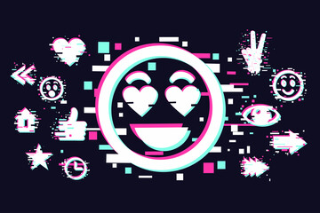 Glitch style illustration with scartoon face. Emoji vector icon. Social media background.