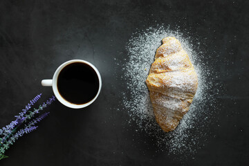 Fresh pastries on the table. French flavored croissant.