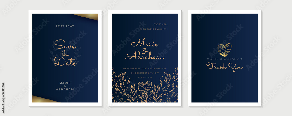 Fototapete Design wedding invitation template set. Abstract texture elements and golden frames on a black background are hand-drawn with floral and leaf element design
