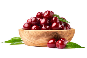wooden bowl of sweet cherry fruits isolated on white background
