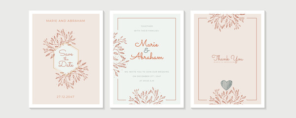 Obraz na płótnie Canvas Minimalist wedding invitation card template design, floral black line art ink drawing with square frame on light grey