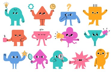 Abstract characters. Geometric comic creature emotions. Funny face business team avatar with magnifier, light bulb and megafon, vector set - obrazy, fototapety, plakaty