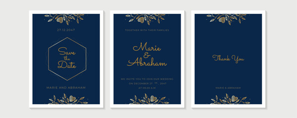 Wedding Invitation with Gold Flowers and gold geometric line design. background with geometric golden frame. Cover design with an ornament of golden leaves. vector eps10