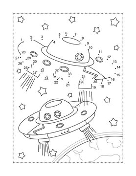Two UFO spaceships in a space connect the dots full-page picture puzzle and coloring page 
