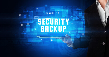 Person holding tablet, security concept