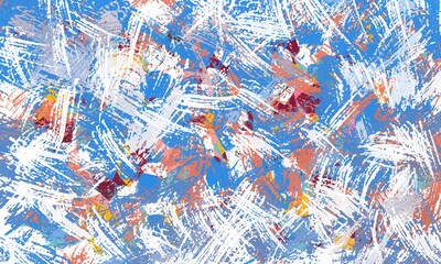 Abstract texture of color splashes, hatches and strokes. Blue, white, orange and red yellow hues. Great as wall art, banner, certificate backdrop or creative and artistic poster or print design