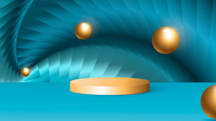 Minimalistic stage with golden cylindrical podium with abstract background and golden balls. Scene for the demonstration of a cosmetic product, showcase. Vector