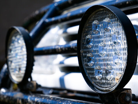 Led Lights On Dirty Off Road Car Close Up Shot