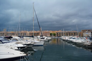 Port of Marseille at dusk, South of France .