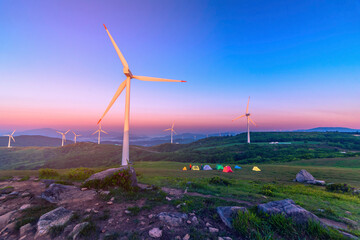 Sunrise The wind turbine field seonjaryeong mountain,seoul korea.