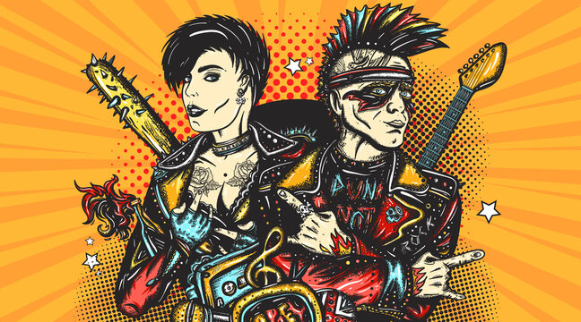 Punk music. Punker with mohawk hairstyle, guitarist. Rock and roll couple.  Pop art retro comic style. Hooligans lifestyle. Musicians and electric guitar. Street music culture