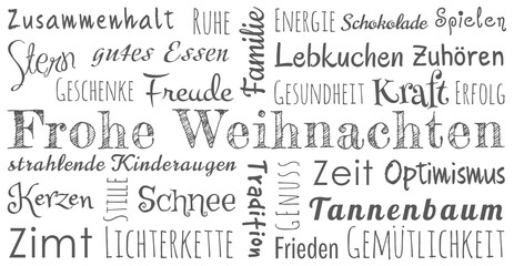 Weihnachtskarte schwarz weiß, deutsche Texte, positive Emotionen, Weihnachtsgrüße Textwolke, Wortwolke