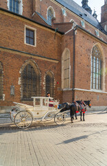 Krakow Poland August 2020. Horse taxis outside St Marys Basilica, Krakow, old Town, Lesser poland, Poland