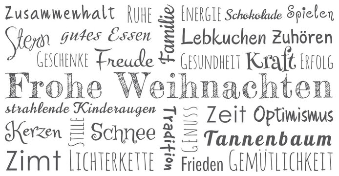 Weihnachtskarte schwarz weiß, deutsche Texte, positive Emotionen, Weihnachtsgrüße Textwolke, Wortwolke