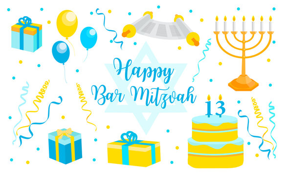 Bar Mitzvah invitation or congratulation card, banner. jewish holiday, 13 year old boy's birthday vector illustration