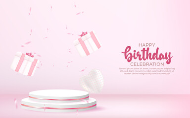 3d happy birthday background with gift box, confetti and podium.