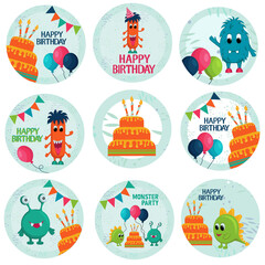 Happy birthday vector design with monster. Round elements typography for decoration celebration, candy bar. For kids party and celebration. Vector illustration.	