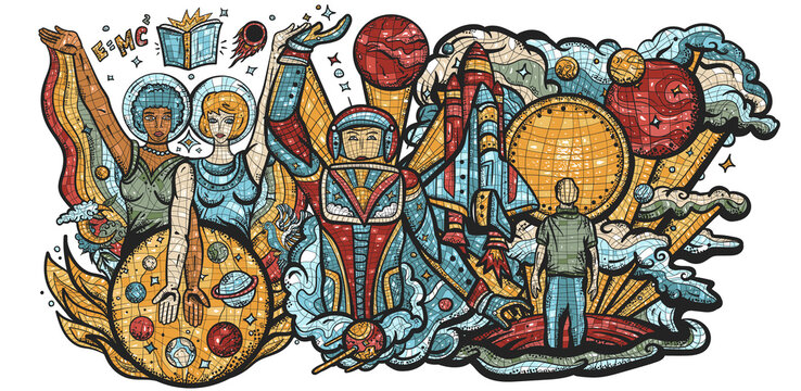 Universe and people. Multicultural study of deep space. Astronaut, spacecraft, scientists and dreamer. Old school tattoo art. Retro Soviet Union mosaic style. Space program of America and China