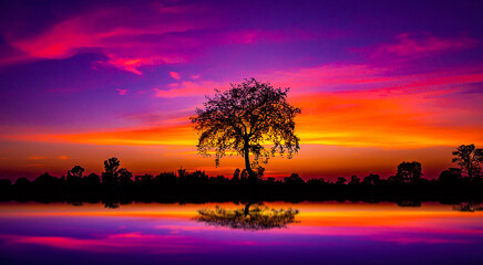Panorama silhouette tree in africa with sunset.Dark tree on open field dramatic sunrise.Safari theme.blur shadow techniques.