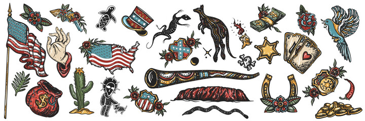 Tattoo elements collection. Big set for design. Colorful old school tattooing style