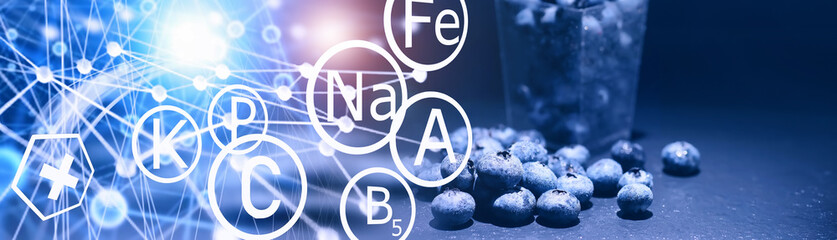 Water drops on ripe sweet blueberry. Fresh blueberries background with copy space for your text. Vegan and vegetarian concept. Macro texture of blueberry berries.