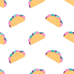 Taco Mexican traditional fast food seamless pattern. Tortilla with tomato, vegetables and meat. Hand drawn vector cafe illustration flat cartoon style for wrapping paper or textile on white background