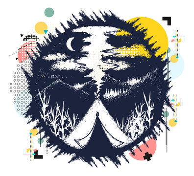 Tent in mountains. Travel symbol, tourism, extreme sports, outdoor. Camping. Zine culture concept. Hand drawn vector glitch tattoo, contemporary cyberpunk collage. Vaporwave art