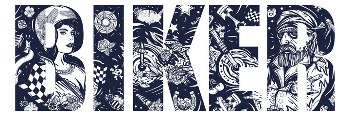 Biker slogan. Double exposure lettering. Pin up girl, spark plug, moto bike. Typography art. Tattoo style. Vector graphics. Bearded man, burning motorcycle, rider sport woman © intueri