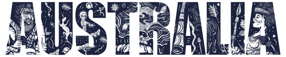 Australia slogan. Double exposure lettering. Typography art. Tattoo style. Ethnic Australian woman in traditional costume. Aboriginal tribes bushmen. Boomerang, kangaroo, didgeridoo, map