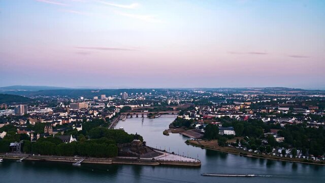 Deutsches Eck at Koblenz, Germany at sunrise. time lapse