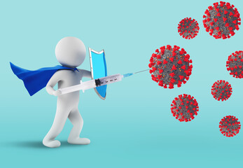 Superhero with shield fights against covid-19 virus. cyan background
