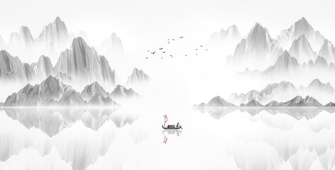 Landscape background illustration of new Chinese ink painting