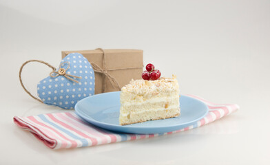 Delicious of piece cake on plate on white background