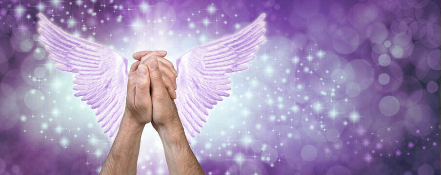 Angelic Prayers Purple Sparkle Message Banner - male hands clasped in prayer position with pale purple lilac angel wings behind against a purple blue sparkling bokeh background with copy space
