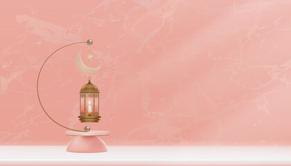 3D Podium with traditional Islamic lantern,Candle,Pink gold Crescent moon and Star hanging on marble wall background,Islamic Banner for Product Showcase,Presentation Ramadan Kareem or Eid Bumarak Sale