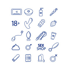 linear icons of sex toys, vibrator, condom, butt plug, vector on a white background
