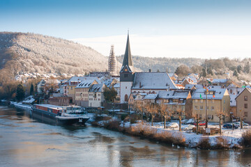 Fototapeta na wymiar Winter city panorama of Neckargemund, a small town in southern Germany near Heidelberg