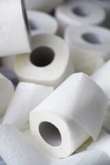 Toilet paper in a roll. Snow-white soft three-layer toilet paper. Lack of hygiene products. Primary...