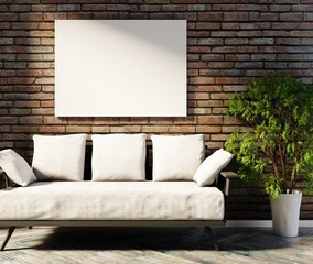 Empty horizontal poster on a brick wall. Sofa and home plant on a floor. Morning sunlight. 3D rendering.