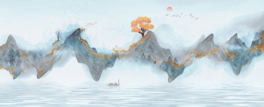 Hand painted new Chinese gilded Abstract landscape painting