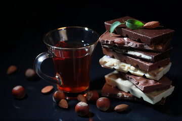 A bar of milk chocolate. Homemade milk chocolate with almonds and dried strawberries. Pieces of milk chocolate. Set of milk chocolate with tea.