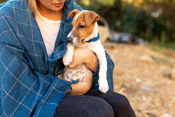 Nice laughing blonde girl in holding little dog jack russel and cup in hands. happily spending time on picnic in park covered blue blanket on sunset autumn forest background