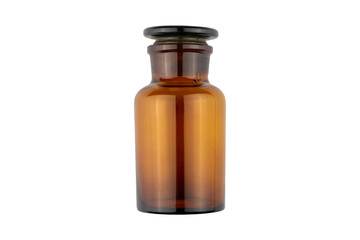 Medical flask with a lid of dark brown glass isolated on a white background.