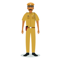 The Indian policeman with gun in uniform.