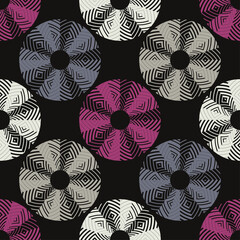 Shapes made of stripes. Mosaic with geometric shapes. Seamless pattern. Design with manual hatching. Textile. Ethnic boho ornament. Vector illustration for web design or print.