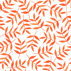 Bright autumn orange leaves on a white background. Seamless pattern of red ocher branches of shrubs, trees, wild herbs. Watercolor illustration. For the design of fabrics, wallpaper, packaging