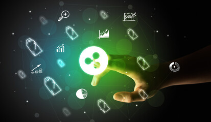Businessman finger touching on screen multimedia interface with hand drawn currency icons