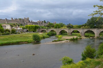 Fototapeta premium The old bridge and The gothic castle of Carcassonne, France.